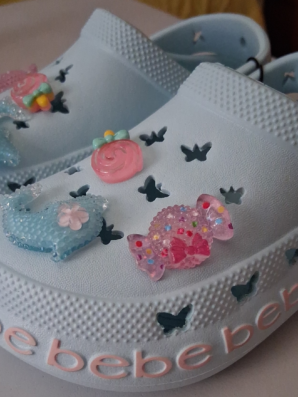 Cute Light Blue Kids Clogs with Pink and Mint Charms